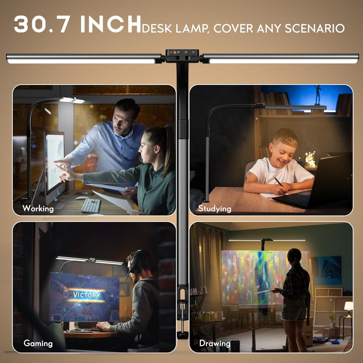 Quntis - LED Desk Lamp for Home Office, 24W Ultra Wide Double Head Architect Desk Lamp with 25 Lighting Modes, 30.7'' Adjustable Gooseneck Monitor Light for Work Office, Gray - Serious Techies