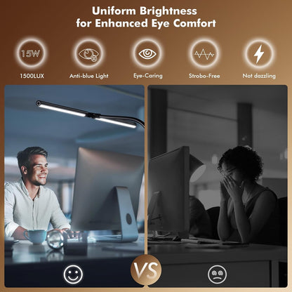 Quntis - LED Desk Lamp for Home Office, 31.5 Inch 1500LM Foldable Monitor Light, Dimmable Dual Desk Lamps with Clamp Architect Table Lamp for Work Home Light (Black) - Serious Techies