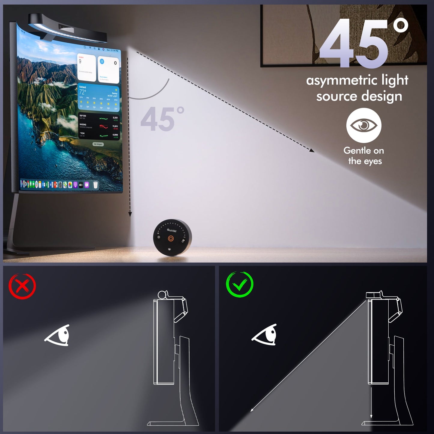 Quntis - Monitor Light Bar + with Remote Control, Fit for Curved Monitor, Eye-Care Computer Lamp Dimmable Screen Light Bar with Auto-Dimming, No Glare Home Office Gaming Desk Lamp