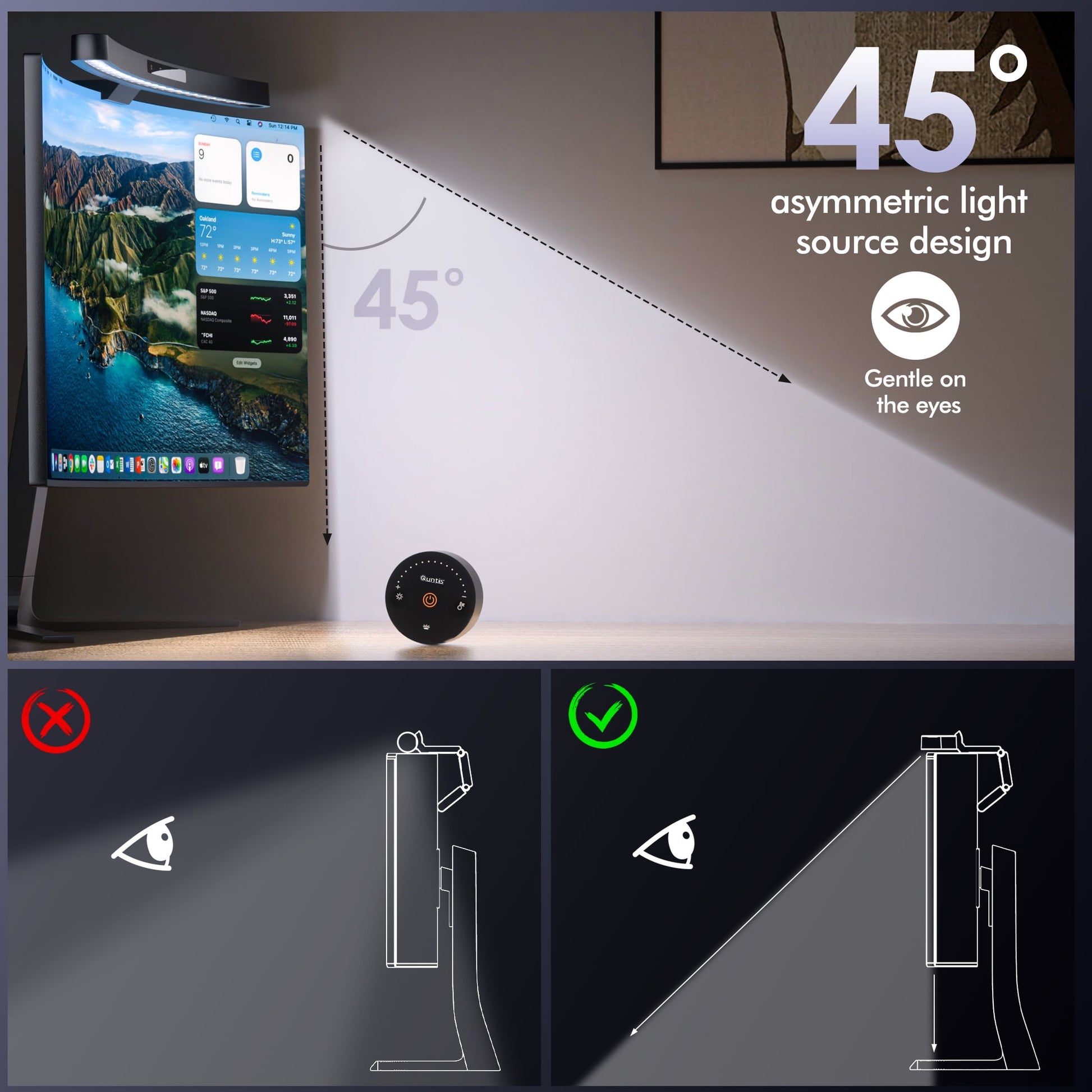 Quntis - Monitor Light Bar + with Remote Control, Fit for Curved Monitor, Eye-Care Computer Lamp Dimmable Screen Light Bar with Auto-Dimming, No Glare Home Office Gaming Desk Lamp