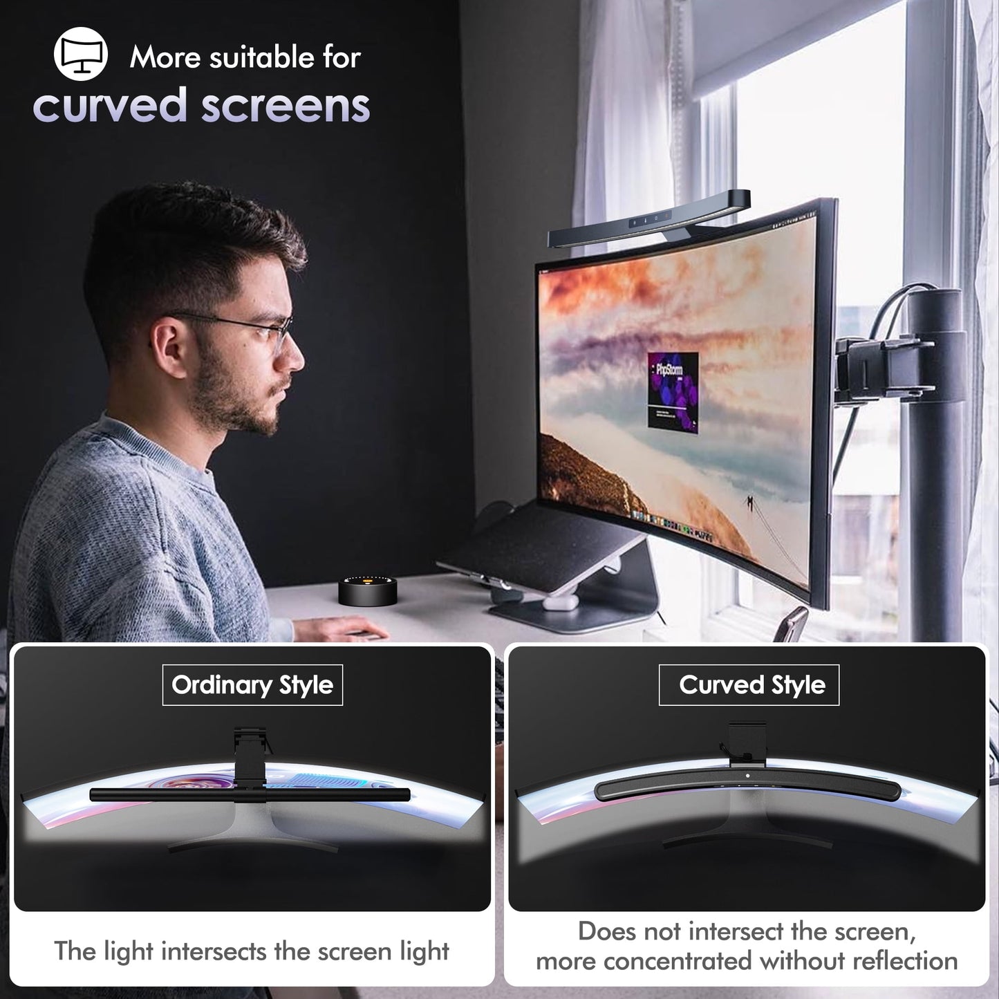 Quntis - Monitor Light Bar + with Remote Control, Fit for Curved Monitor, Eye-Care Computer Lamp Dimmable Screen Light Bar with Auto-Dimming, No Glare Home Office Gaming Desk Lamp