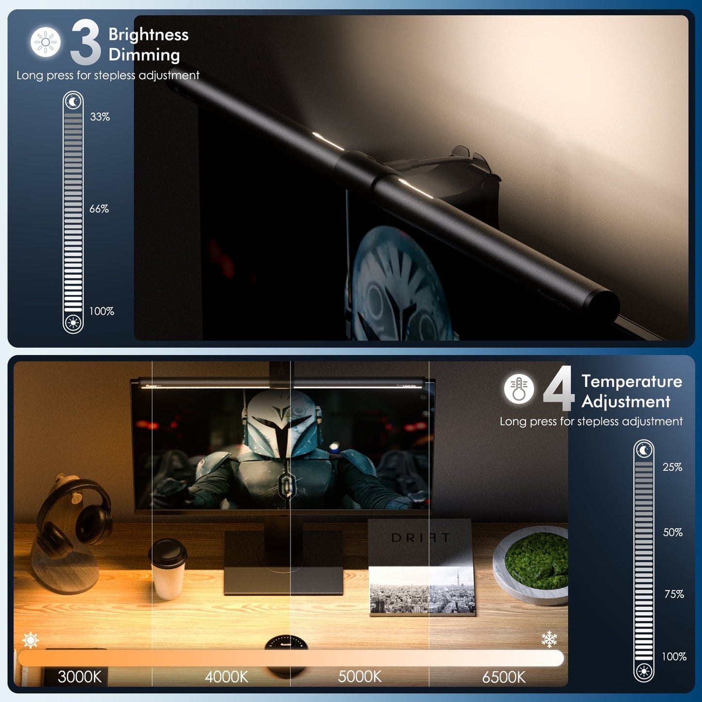 Quntis - Computer Monitor Light Bar with Remote Control, Eye-Care Dual Light Screen Light Bar for Home Office Gaming, Stepless Dimming Brightness and Color Temperature, No Screen Glare, Gray - Serious Techies