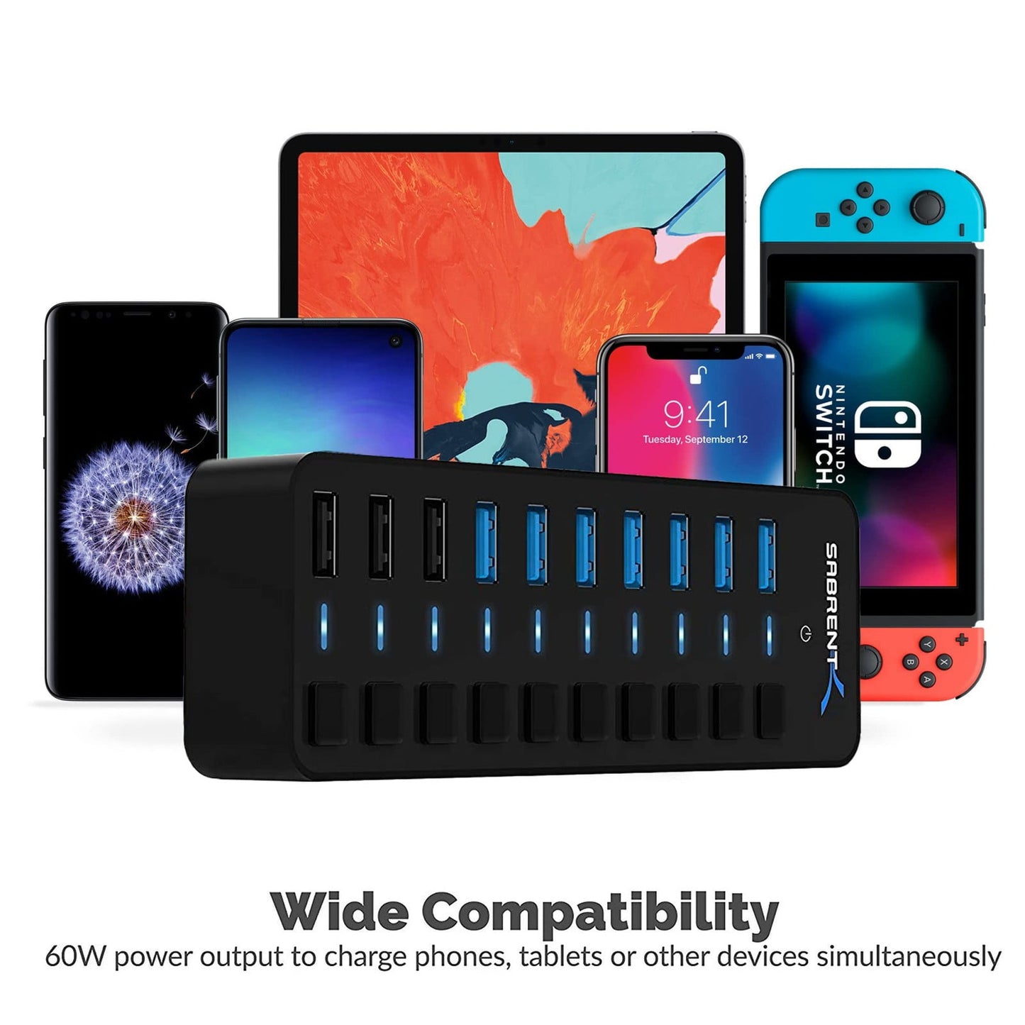 Sabrent - 60W 10 Port Usb 3.0 Hub Includes 3 Smart Charging Ports - Serious Techies