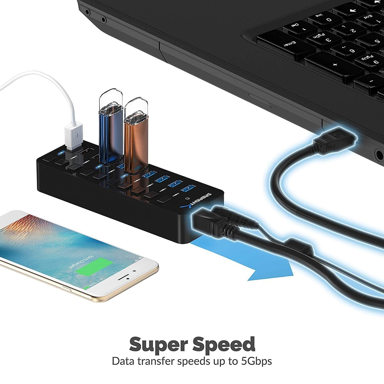 Sabrent - 60W 10 Port Usb 3.0 Hub Includes 3 Smart Charging Ports - Serious Techies