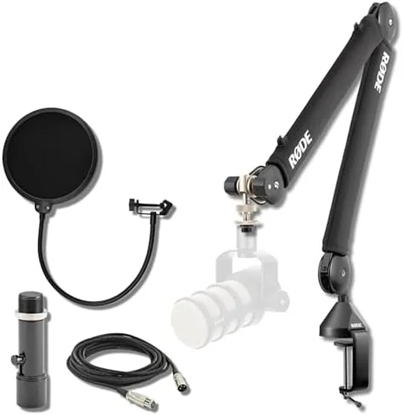 Rode PSA1+ Studio Boom Arm for Podcasting and Streaming with Release Mic Stand Adapter, Microphone Pop Filter, Professional Grade XLR Cable and Polishing Cloth