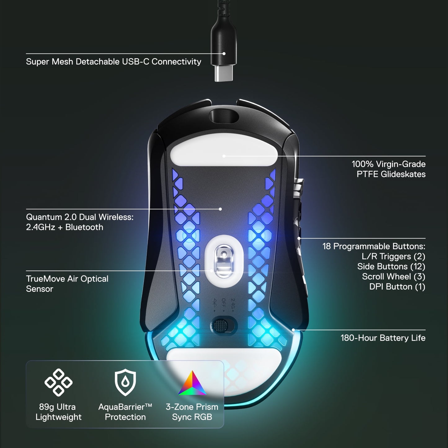 Aerox 9 Wireless Ultra Lightweight Honeycomb Water Resistant RGB Optical Gaming Mouse with 18 Programmable Buttons - Serious Techies