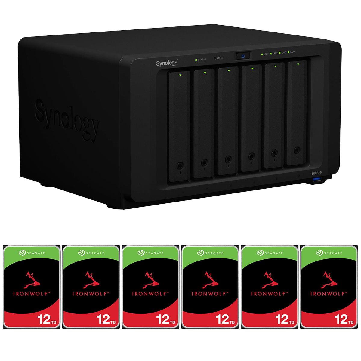 Synology - DiskStation DS1621+ 6-Bay NAS Enclosure, 4-Core 2.2Ghz, 4GB RAM, No HDD Bundle with Ironwolf 12TB SATA III 3.5" Internal NAS Hard Drive, 7200 RPM - Serious Techies