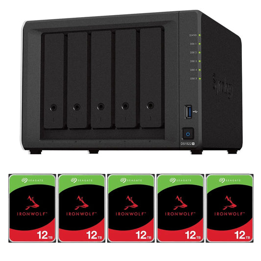 Synology - DS1522+ 5-Bay NAS Enclosure, Diskless with 5X Ironwolf 12TB SATA III 3.5" Internal NAS Hard Drive, 7200 RPM - Serious Techies