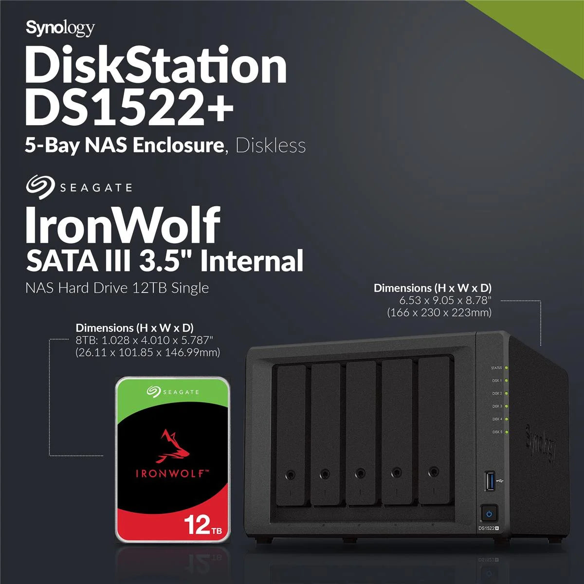 Synology - DS1522+ 5-Bay NAS Enclosure, Diskless with 5X Ironwolf 12TB SATA III 3.5" Internal NAS Hard Drive, 7200 RPM - Serious Techies