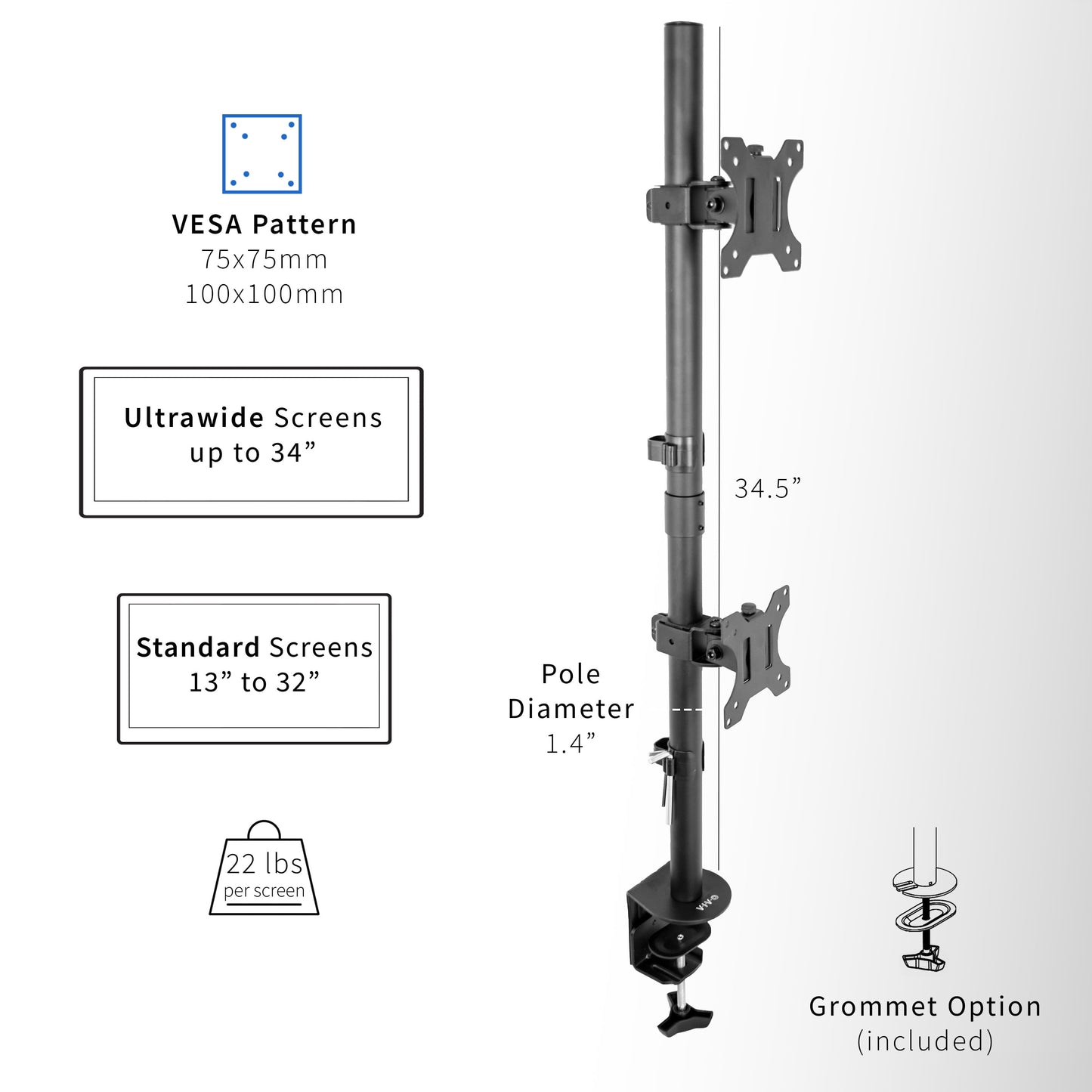 VIVO - Black Dual LCD Monitor Desk Mount Stand, Stacked Vertical 2 Screens up to 34" - Serious Techies