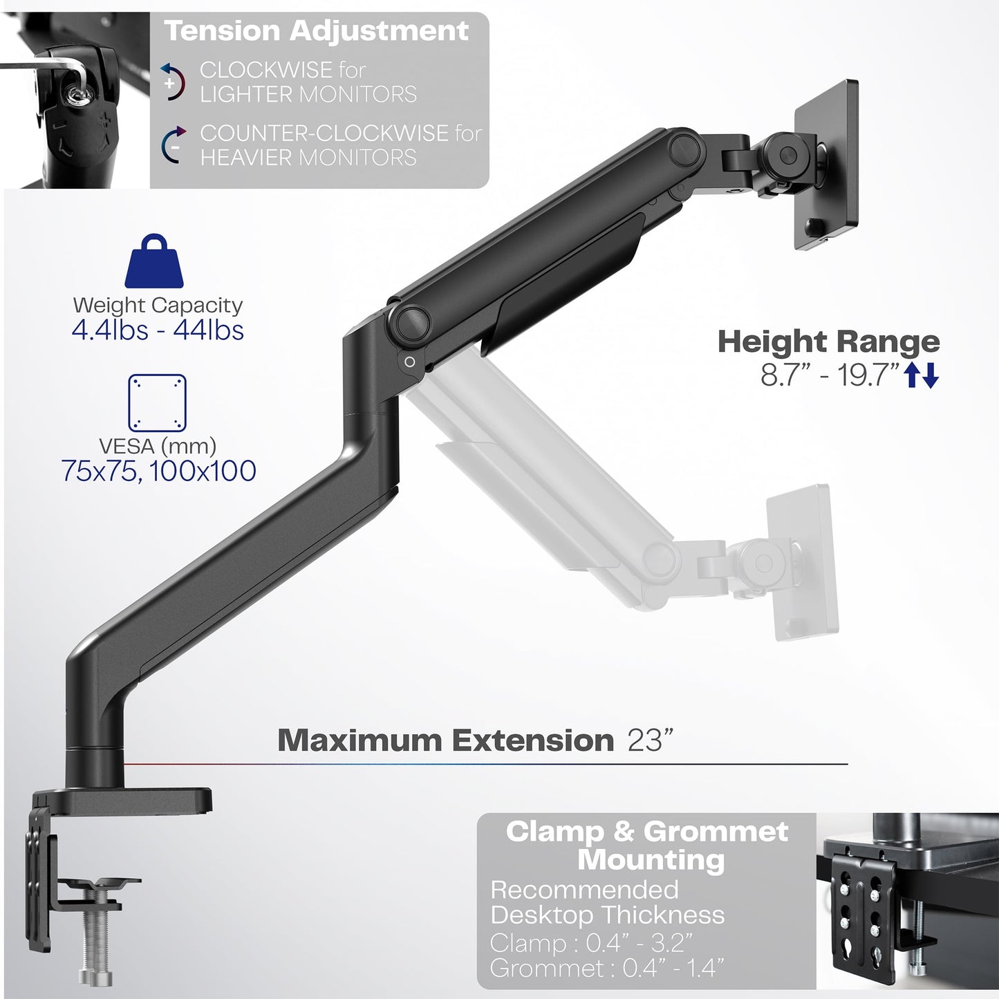 VIVO - Black Mechanical Arm Computer Monitor Desk Mount, Fits Ultrawides up to 49" - Serious Techies