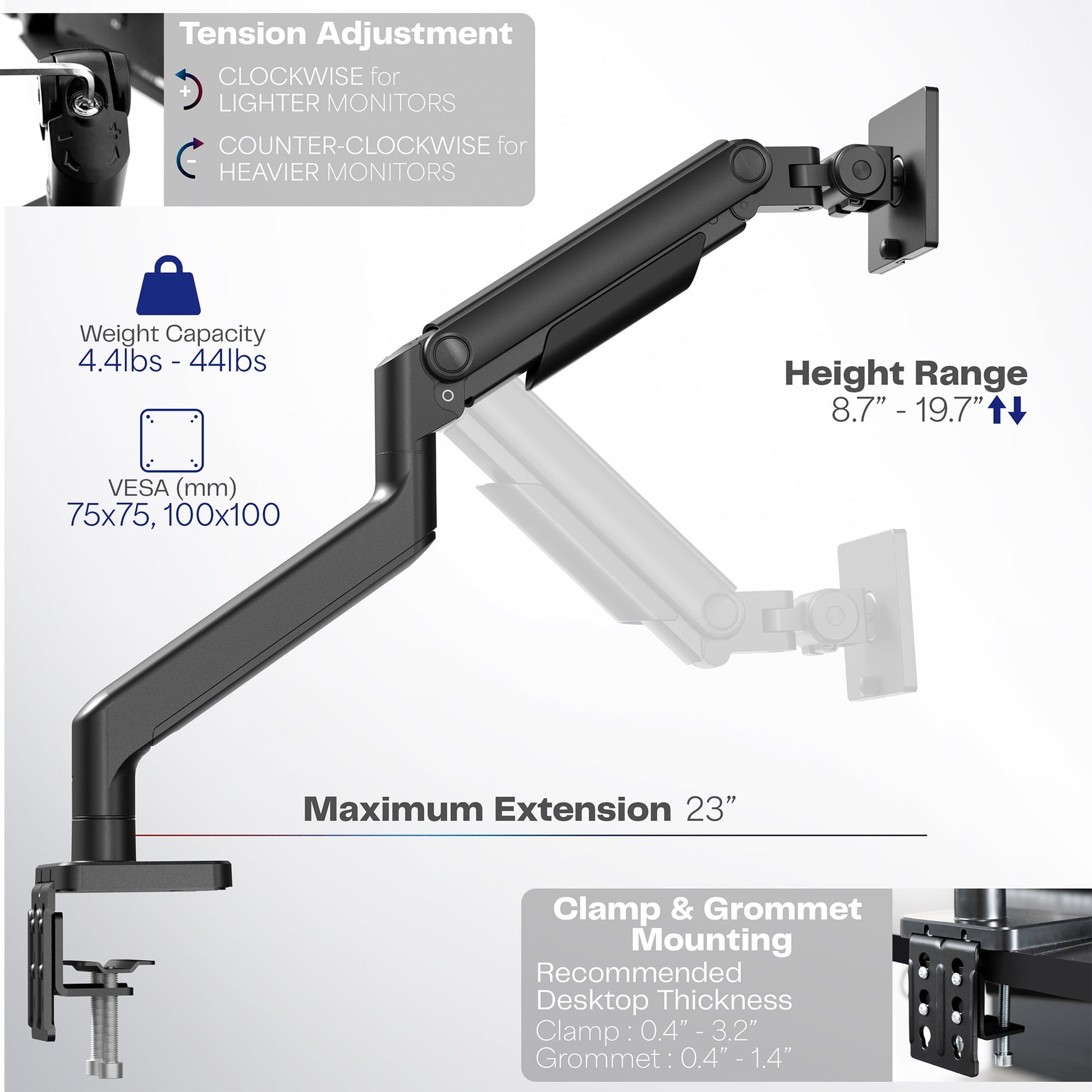VIVO - Black Mechanical Arm Computer Monitor Desk Mount, Fits Ultrawides up to 49" - Serious Techies