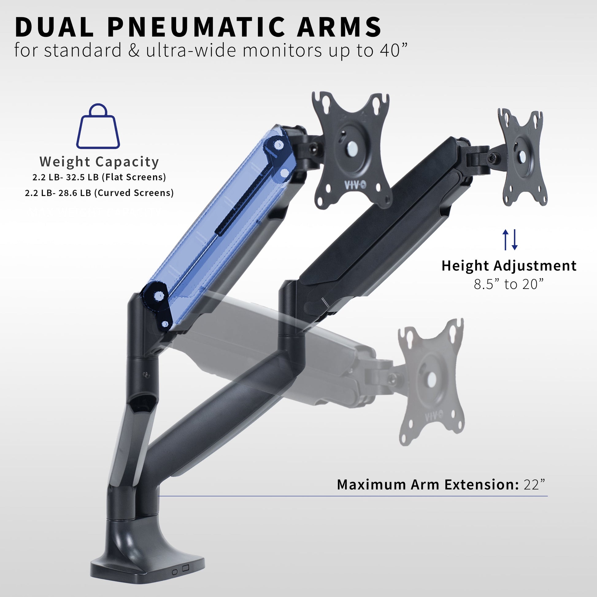 VIVO - Dual Ultrawide 40” Monitor Desk Mount with Pneumatic Spring Arms - Serious Techies