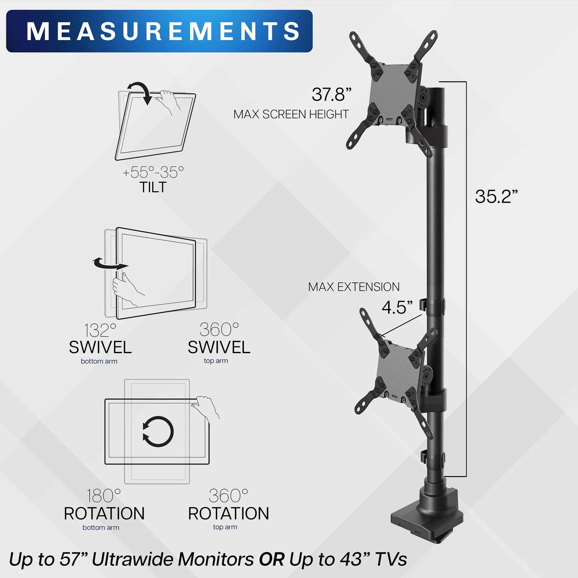 VIVO - Dual Vertically Stacked Ultra-Wide Monitor Desk Mount for up to 57" Screens - Serious Techies