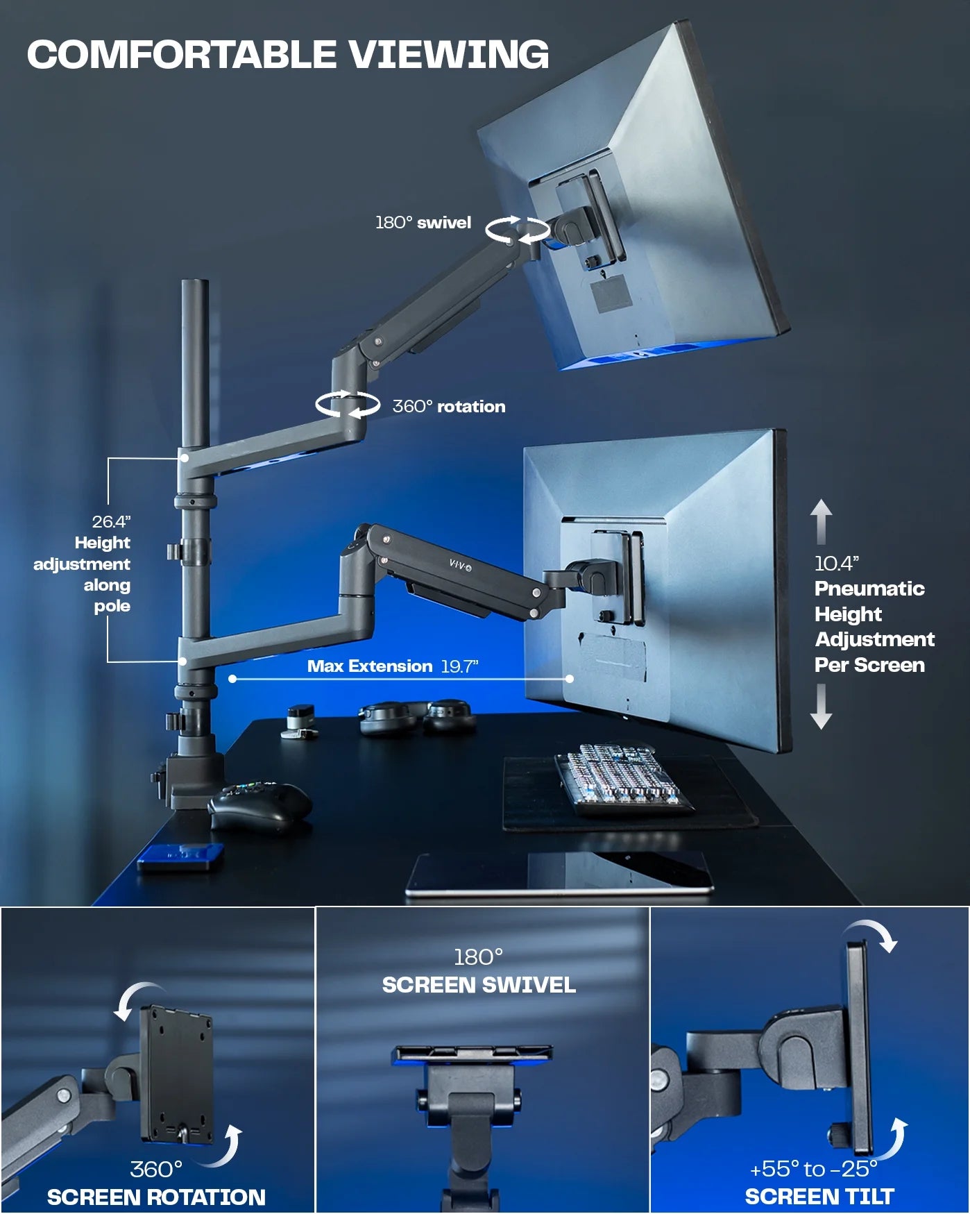 VIVO - Pneumatic Arm Dual Ultrawide Monitor Desk Mount for Computer Screens to 49" - Serious Techies