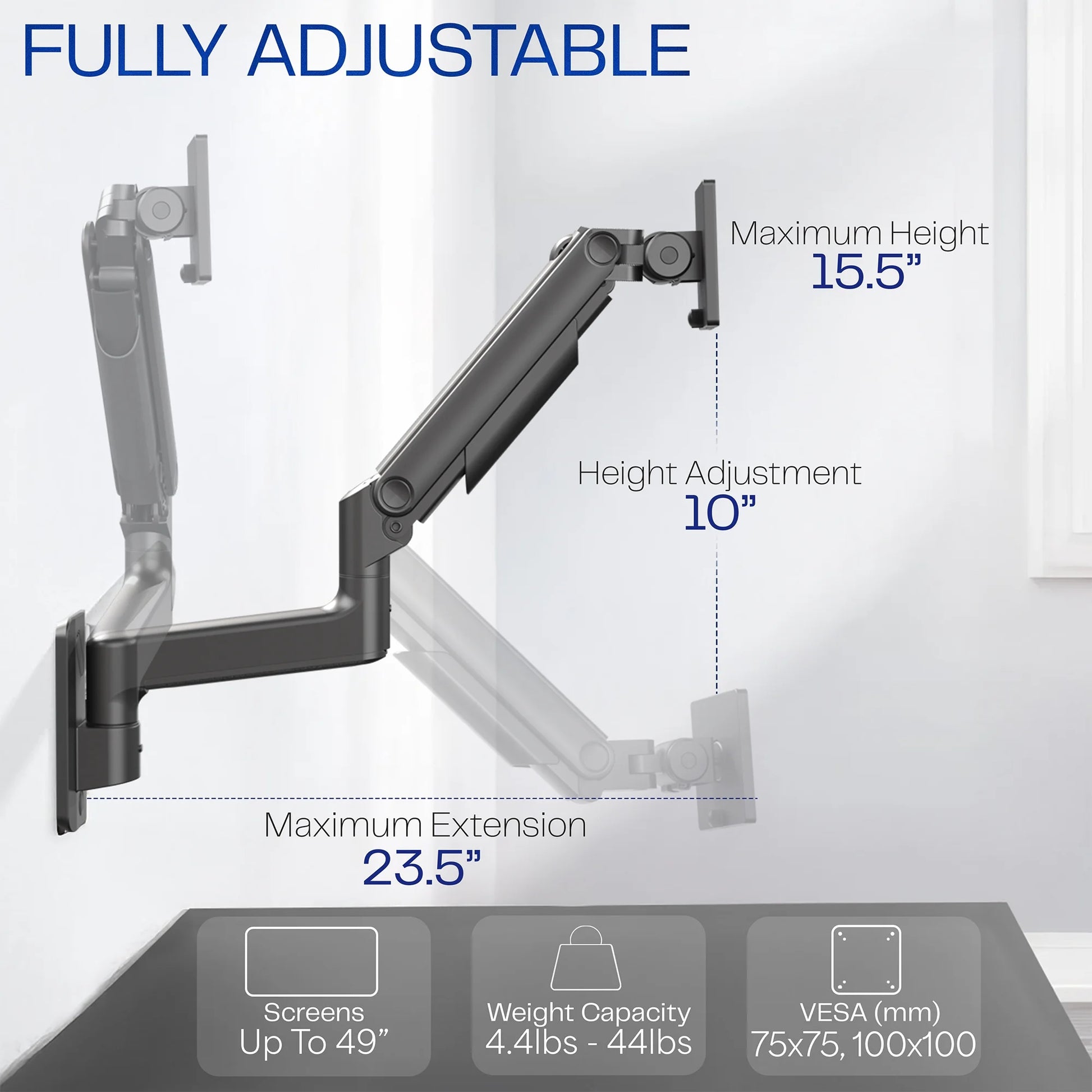 VIVO - Tension Arm Single Monitor Wall Mount, Fits Ultrawide Screens up to 49" - Serious Techies