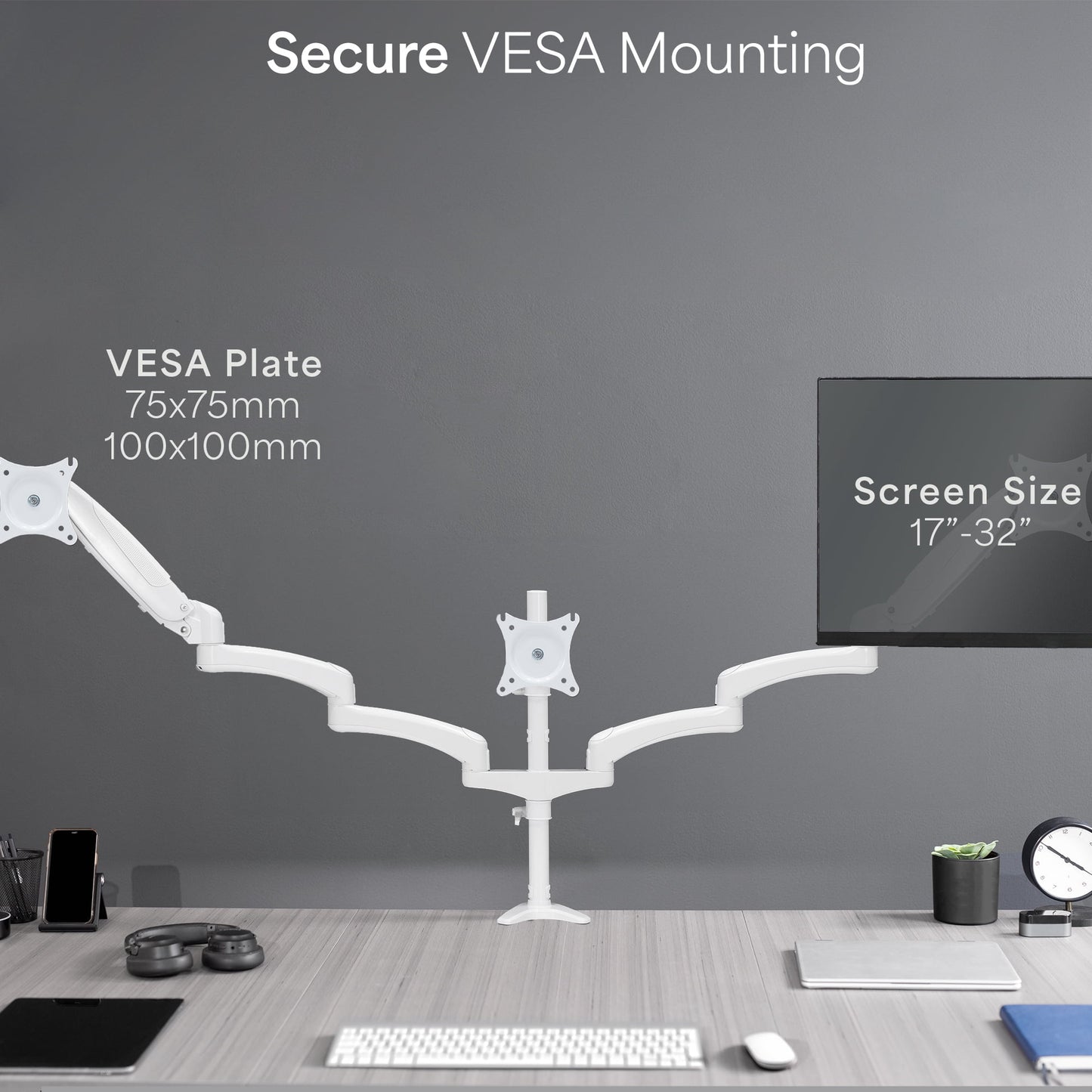 VIVO - White Triple Monitor Mount, 2 Pneumatic Arms + 1 Fixed, 3 Screens up to 32" - Serious Techies