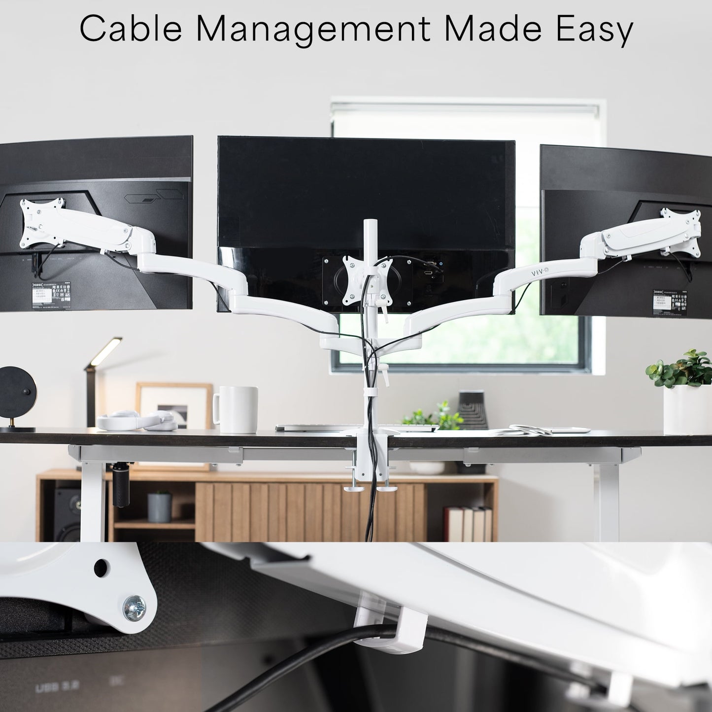 VIVO - White Triple Monitor Mount, 2 Pneumatic Arms + 1 Fixed, 3 Screens up to 32" - Serious Techies