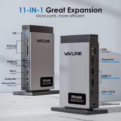WAVLINK - Dock Station 140W Charge USB Dock with 8K Hdmi/Displayport, RJ45, 10Gbps USB, SD/TF for M1/M2/M3&Win - Serious Techies