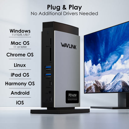 WAVLINK - Dock Station 140W Charge USB Dock with 8K Hdmi/Displayport, RJ45, 10Gbps USB, SD/TF for M1/M2/M3&Win - Serious Techies