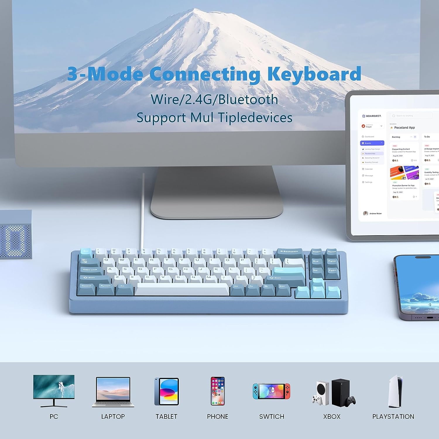 Womier - S-K71 75% Keyboard, Wireless Mechanical Keyboard CNC Aluminum Alloy Shell, Hot-Swappable RGB Keyboard W/Pre-Lubed Switches, Bluetooth/2.4G/Wired, Gasket Mounted for Mac/Win(Blue) - Serious Techies