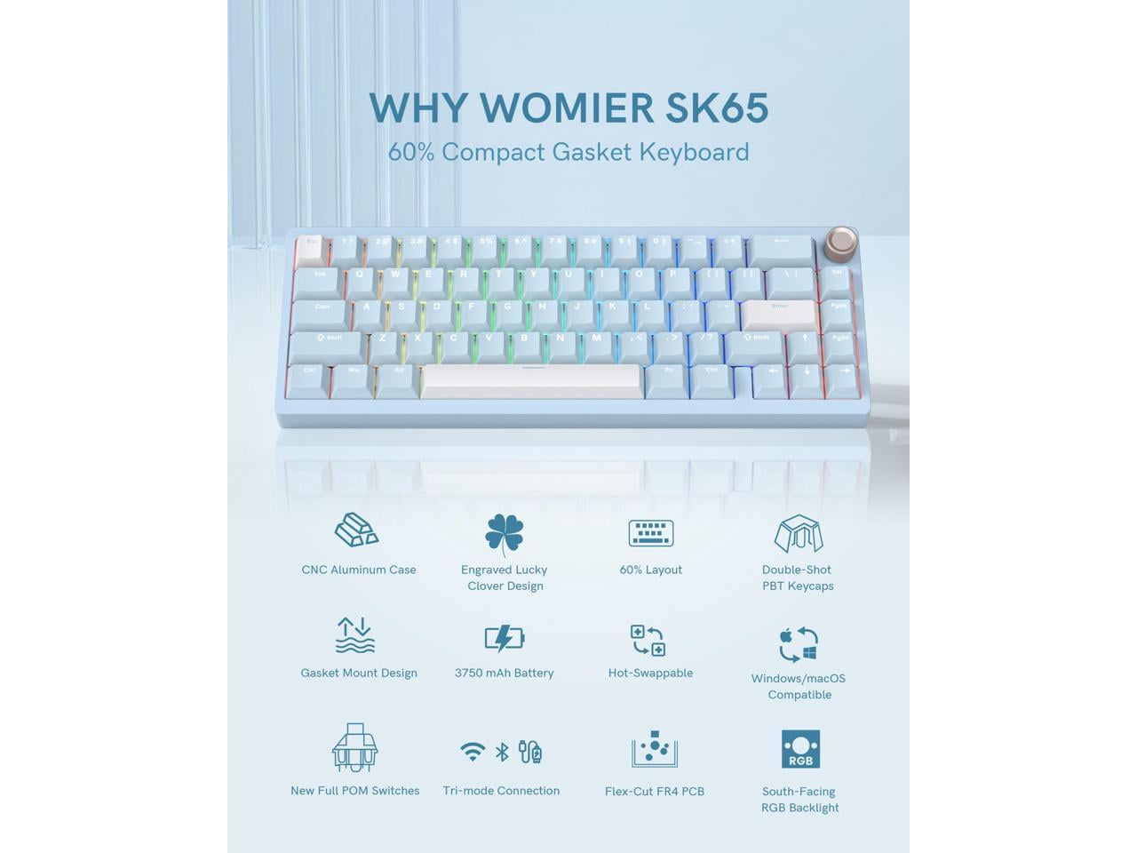 Womier - SK65 65% Gasket Mounted Wireless Aluminum Keyboard with Knob - Gaming Keyboard Blue - Serious Techies