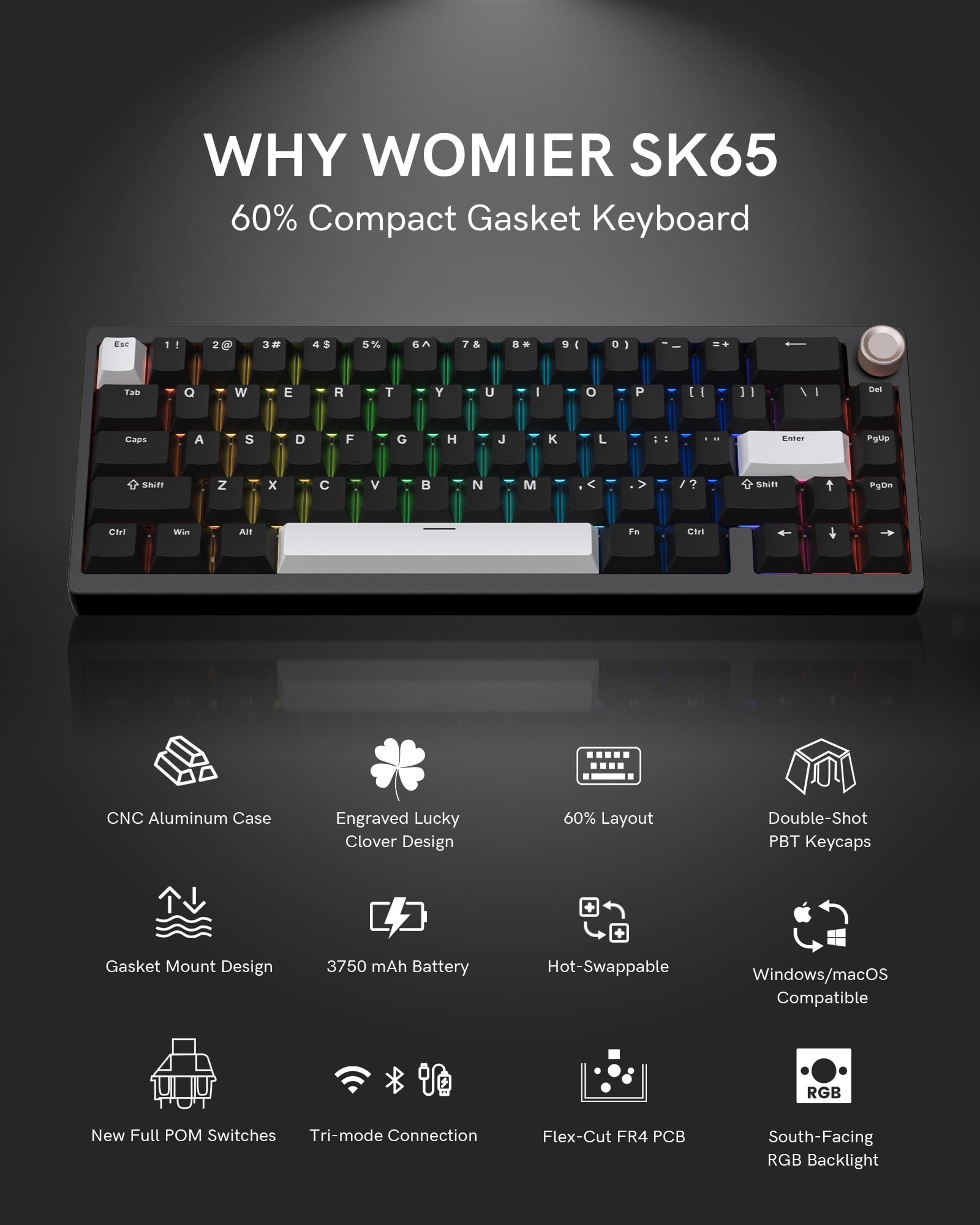 Womier - SK65 65% Gasket Mounted Wireless Aluminum Keyboard with Knob - Gaming Keyboard Black - Serious Techies