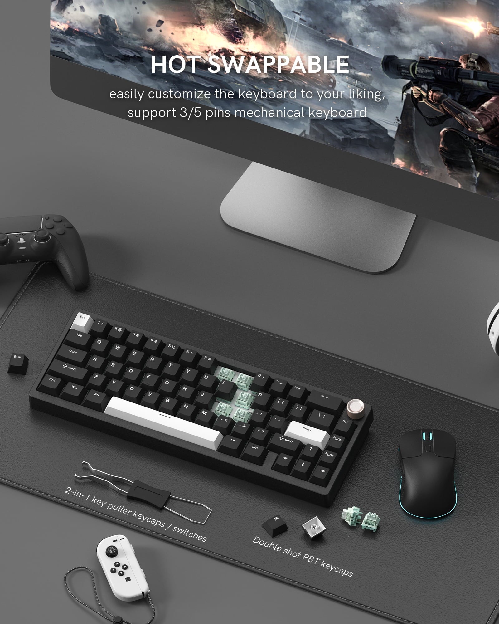 Womier - SK65 65% Gasket Mounted Wireless Aluminum Keyboard with Knob - Gaming Keyboard Black - Serious Techies